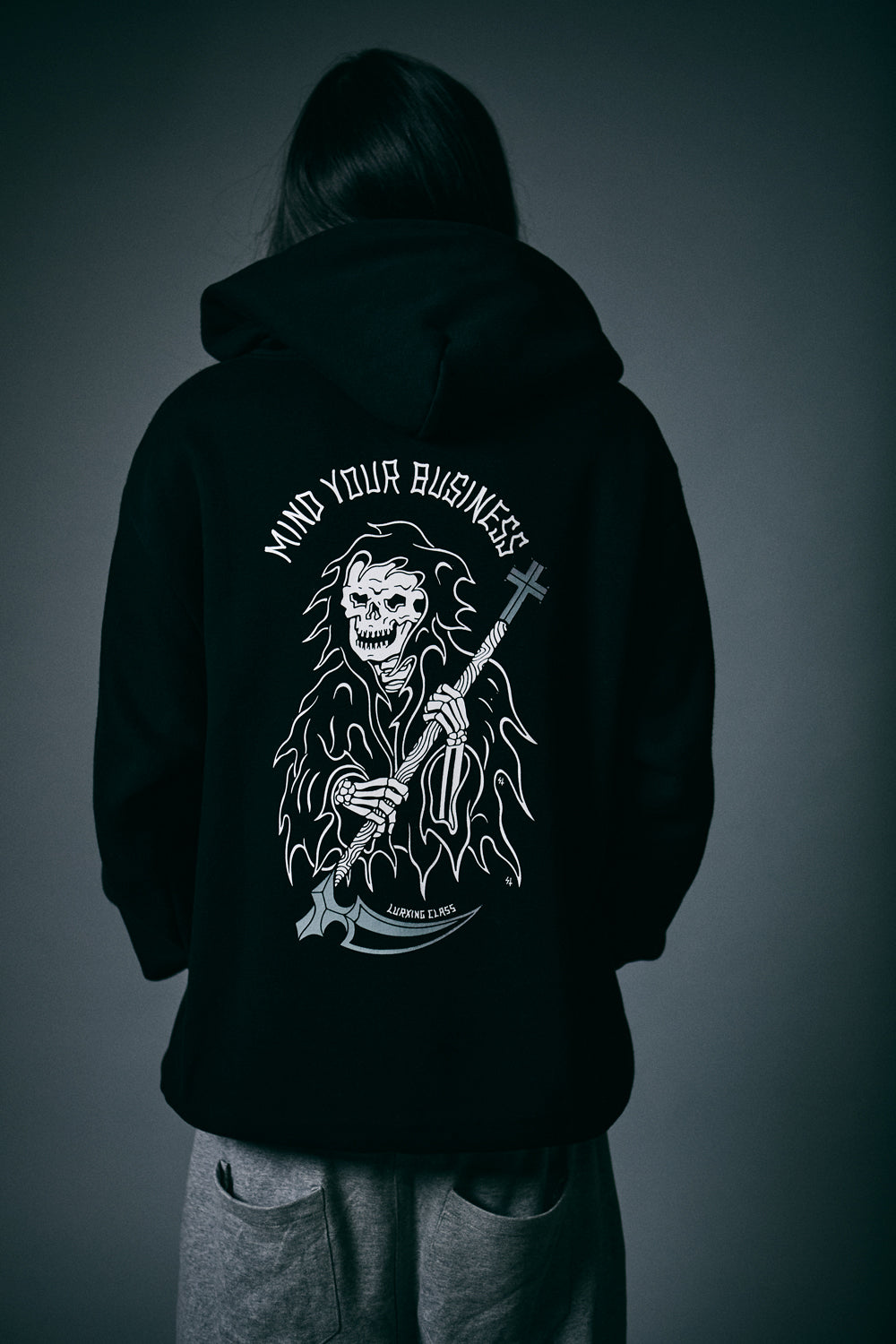 【LURKING CLASS】MIND YOUR BUSINESS HOOD BLACK